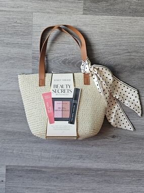 Straw Tote Bag with Polka Dot Scarf - With Beauty Products Included